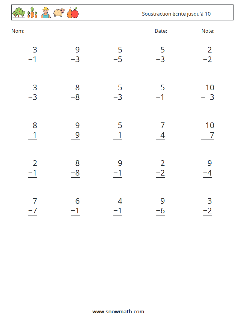 (25) Soustraction écrite jusqu'à 10 Fiches d'Exercices de Mathématiques 6