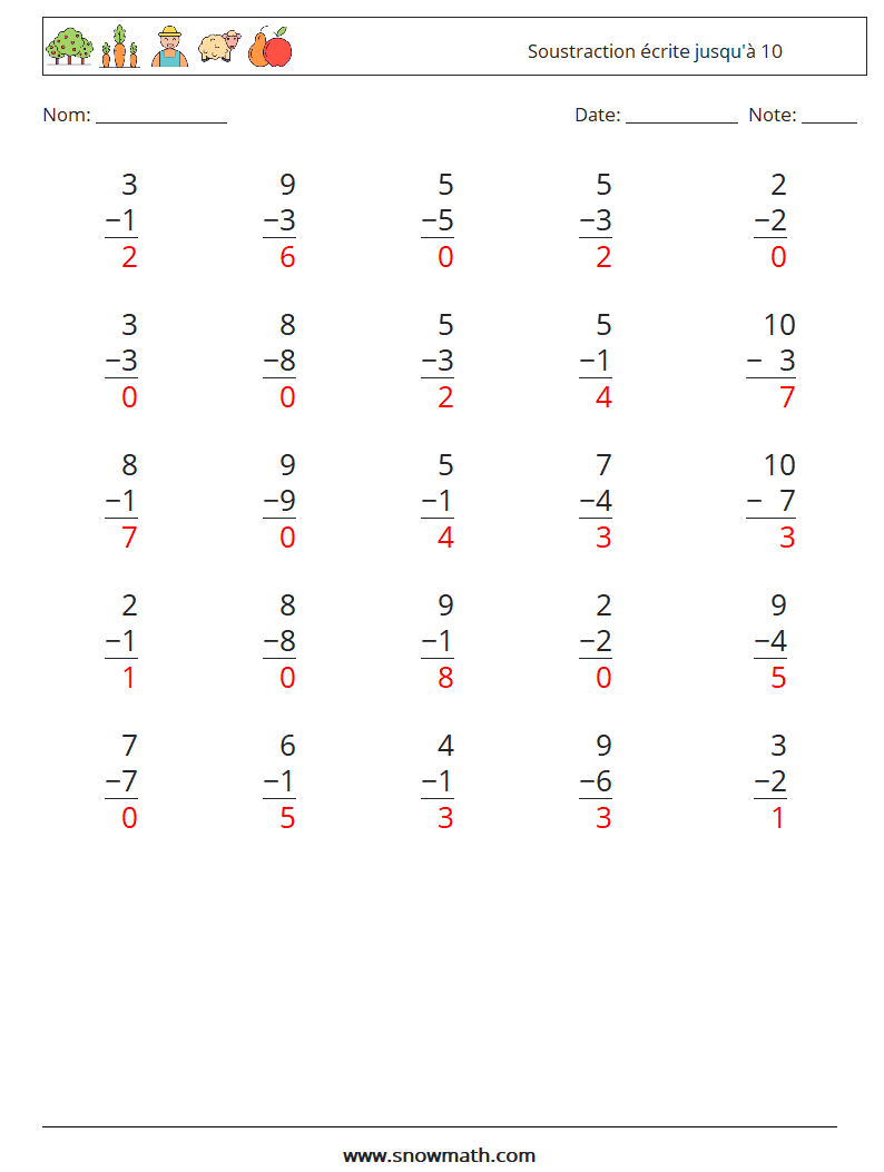 (25) Soustraction écrite jusqu'à 10 Fiches d'Exercices de Mathématiques 6 Question, Réponse