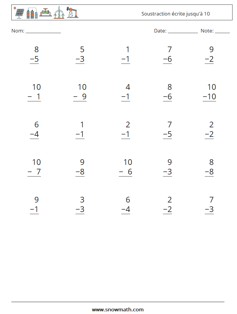 (25) Soustraction écrite jusqu'à 10 Fiches d'Exercices de Mathématiques 7