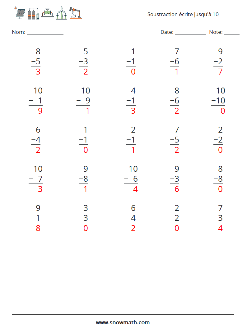 (25) Soustraction écrite jusqu'à 10 Fiches d'Exercices de Mathématiques 7 Question, Réponse