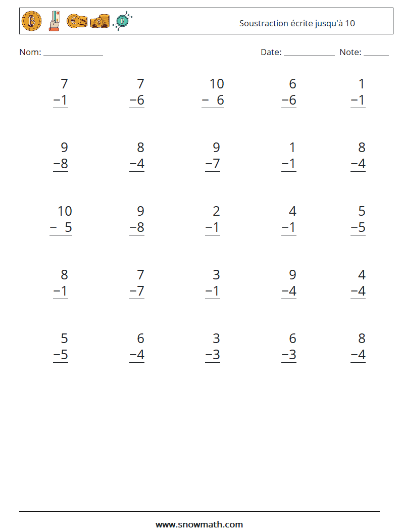 (25) Soustraction écrite jusqu'à 10 Fiches d'Exercices de Mathématiques 8