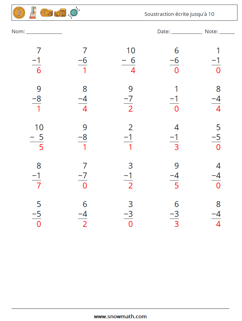 (25) Soustraction écrite jusqu'à 10 Fiches d'Exercices de Mathématiques 8 Question, Réponse