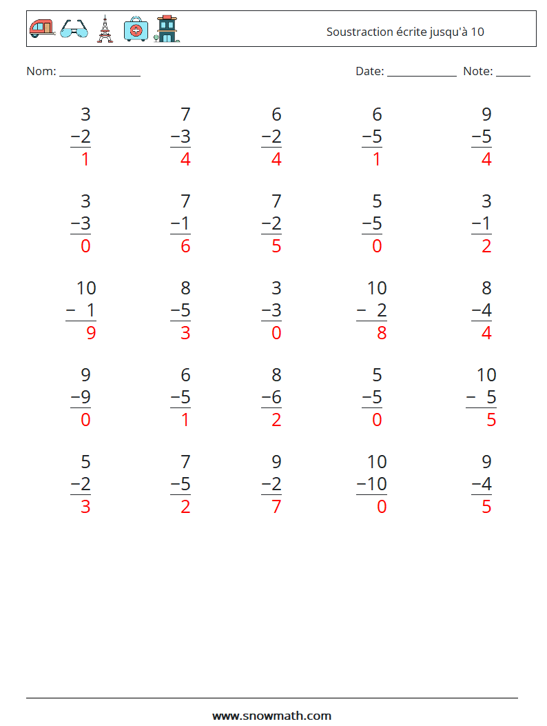 (25) Soustraction écrite jusqu'à 10 Fiches d'Exercices de Mathématiques 9 Question, Réponse