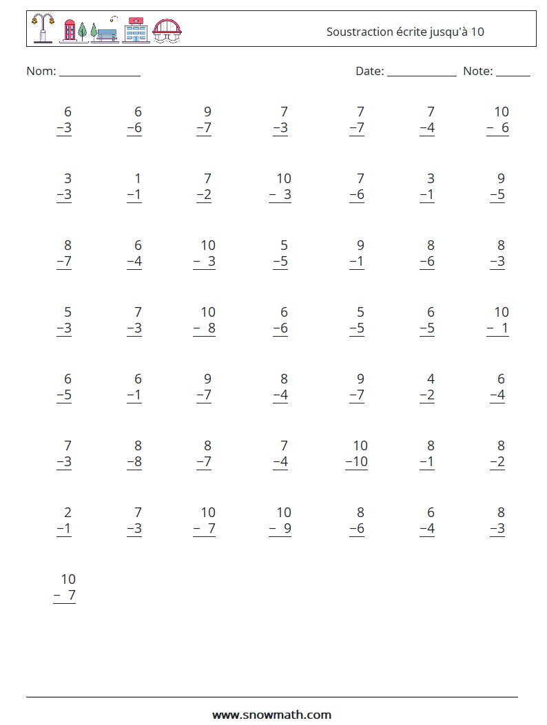 (50) Soustraction écrite jusqu'à 10 Fiches d'Exercices de Mathématiques 2