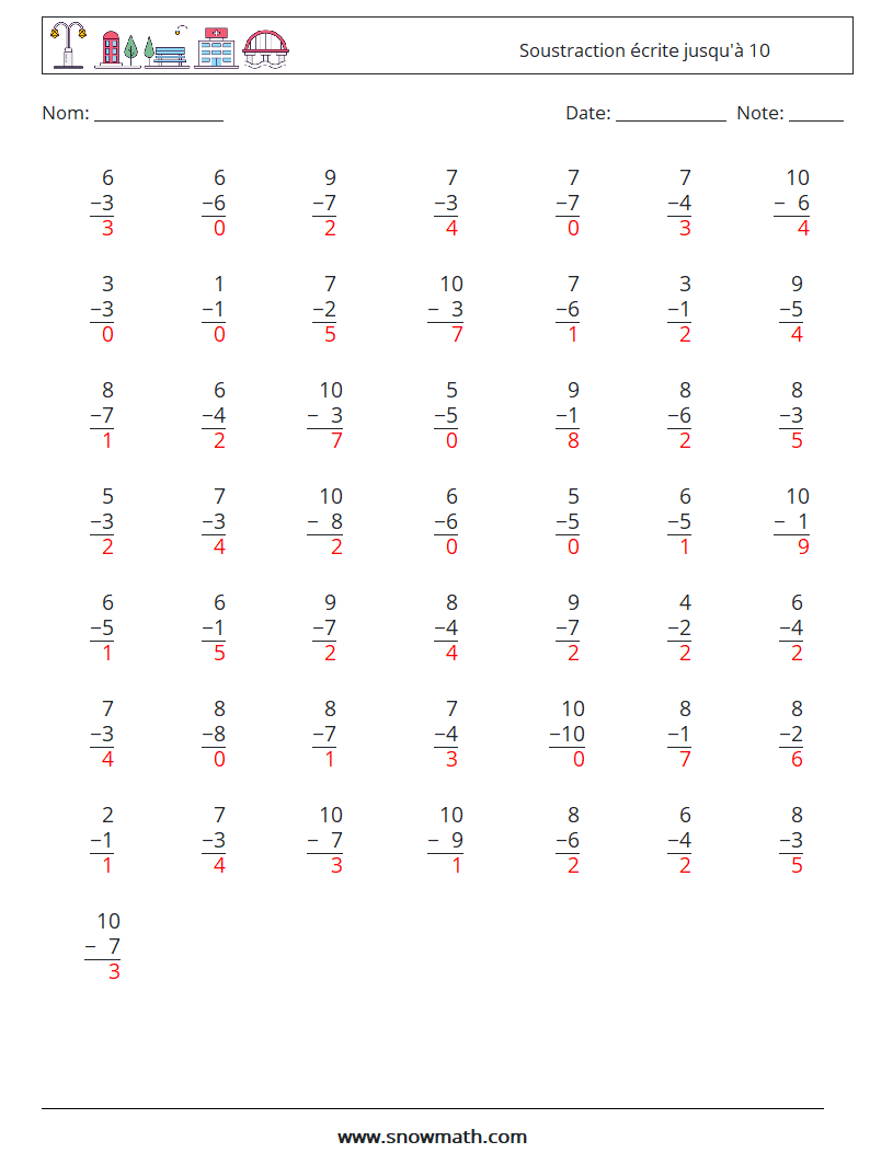 (50) Soustraction écrite jusqu'à 10 Fiches d'Exercices de Mathématiques 2 Question, Réponse