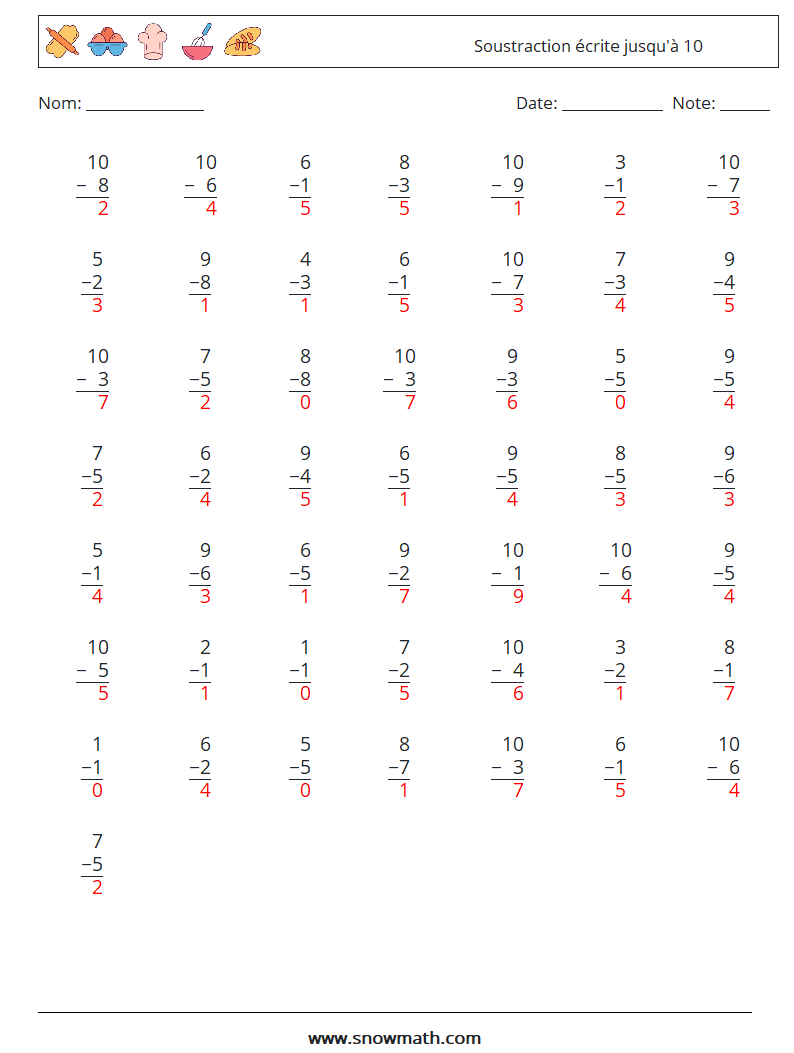 (50) Soustraction écrite jusqu'à 10 Fiches d'Exercices de Mathématiques 4 Question, Réponse