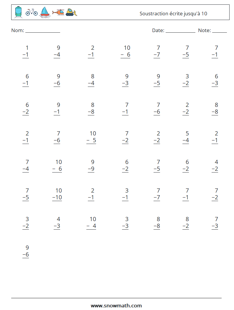 (50) Soustraction écrite jusqu'à 10 Fiches d'Exercices de Mathématiques 6