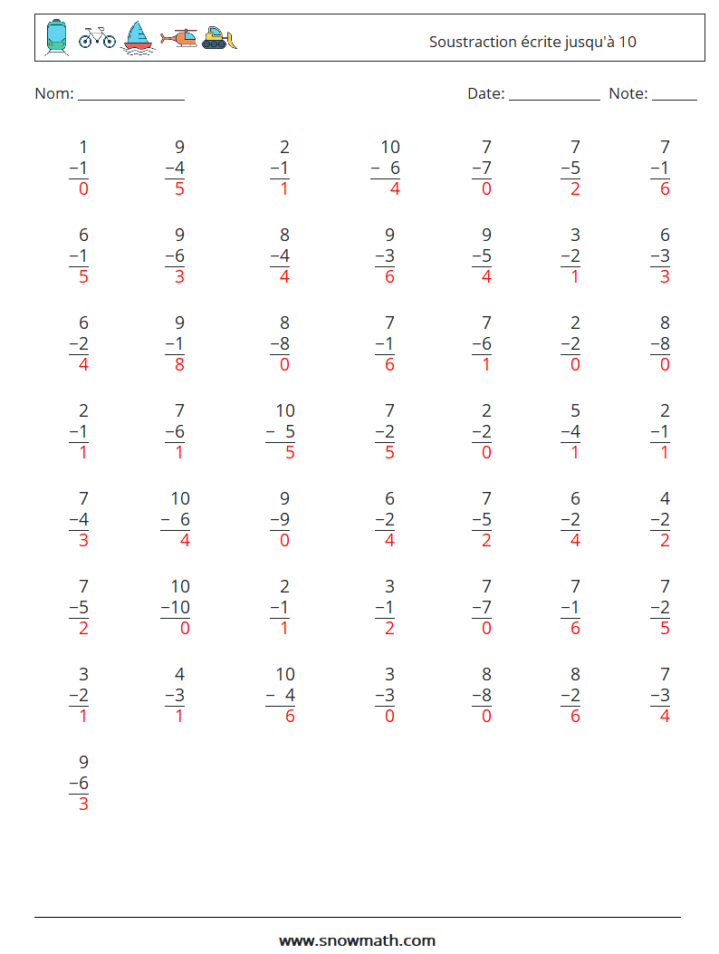 (50) Soustraction écrite jusqu'à 10 Fiches d'Exercices de Mathématiques 6 Question, Réponse