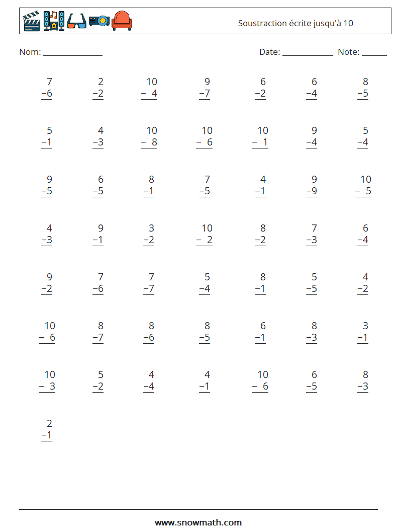 (50) Soustraction écrite jusqu'à 10 Fiches d'Exercices de Mathématiques 7
