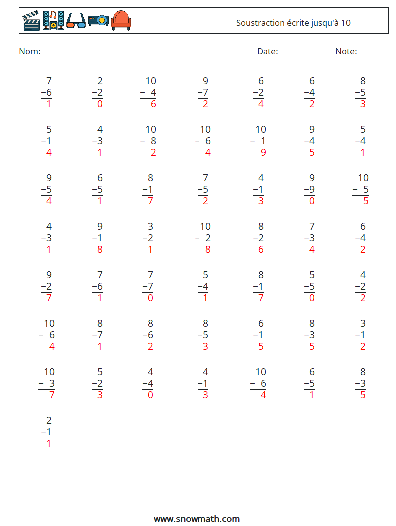 (50) Soustraction écrite jusqu'à 10 Fiches d'Exercices de Mathématiques 7 Question, Réponse