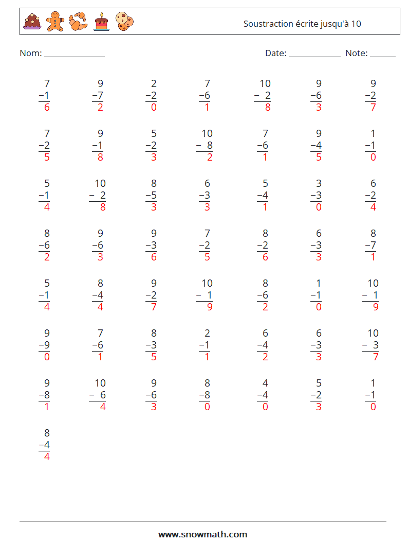 (50) Soustraction écrite jusqu'à 10 Fiches d'Exercices de Mathématiques 8 Question, Réponse