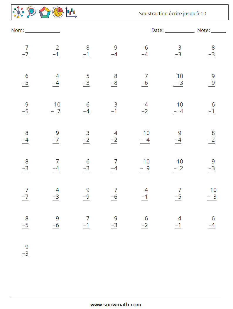 (50) Soustraction écrite jusqu'à 10 Fiches d'Exercices de Mathématiques 9