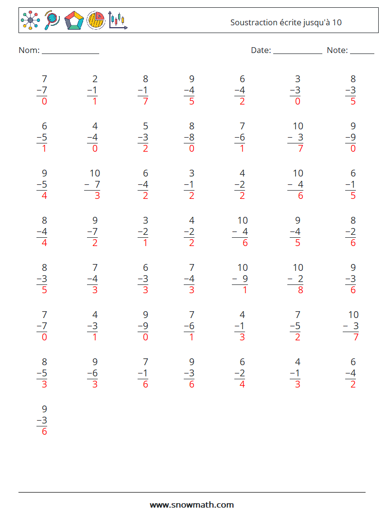(50) Soustraction écrite jusqu'à 10 Fiches d'Exercices de Mathématiques 9 Question, Réponse