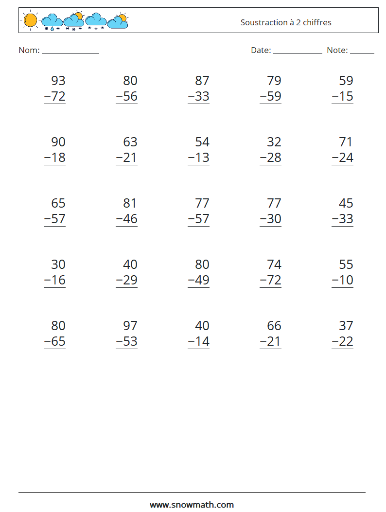 (25) Soustraction à 2 chiffres Fiches d'Exercices de Mathématiques 10