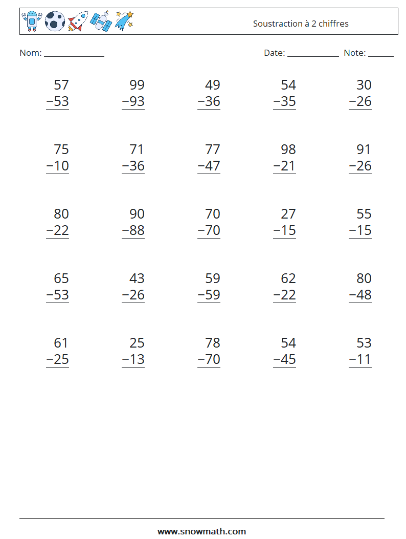 (25) Soustraction à 2 chiffres Fiches d'Exercices de Mathématiques 13