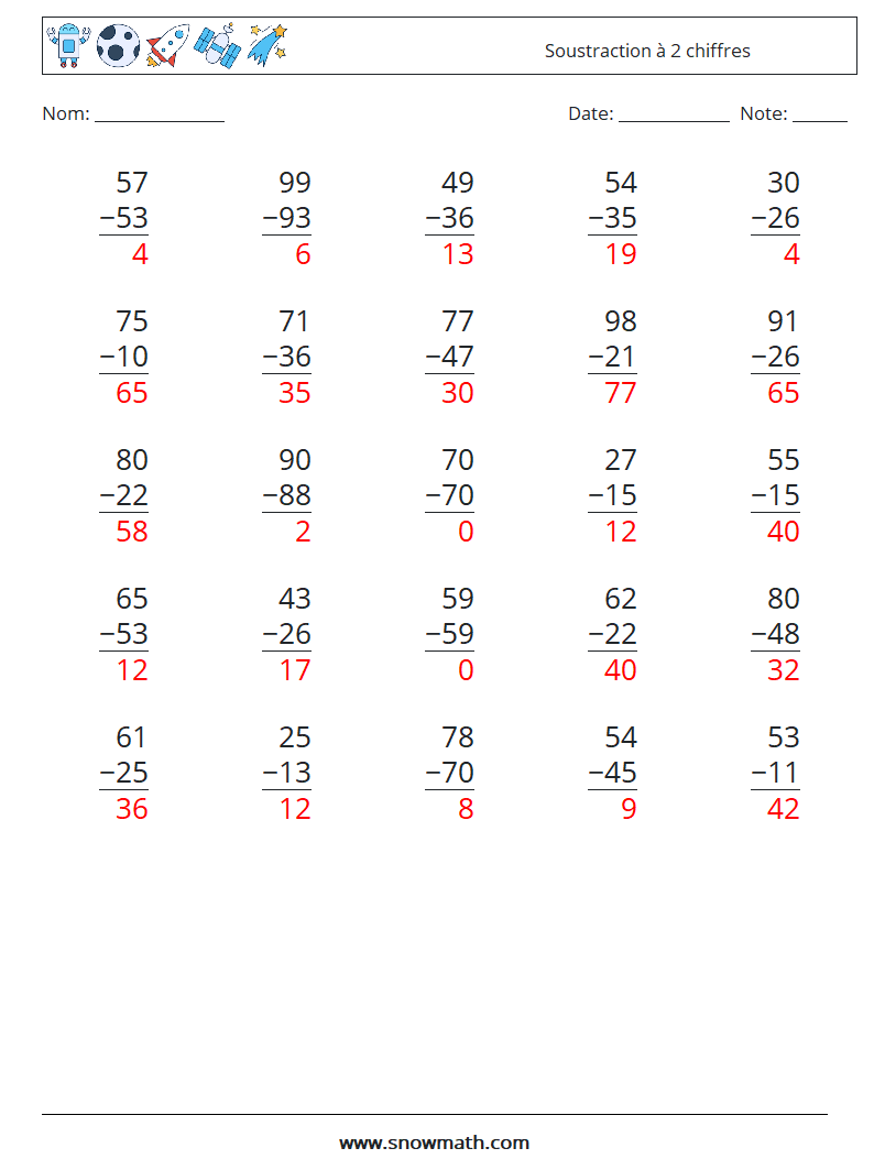 (25) Soustraction à 2 chiffres Fiches d'Exercices de Mathématiques 13 Question, Réponse