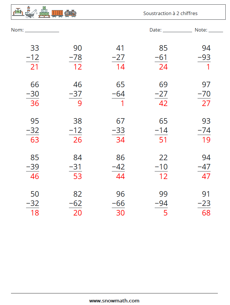 (25) Soustraction à 2 chiffres Fiches d'Exercices de Mathématiques 14 Question, Réponse