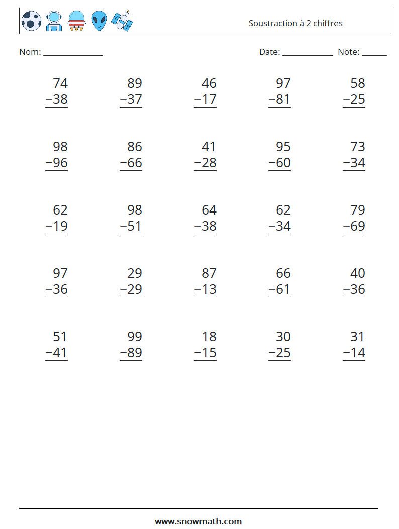 (25) Soustraction à 2 chiffres Fiches d'Exercices de Mathématiques 15