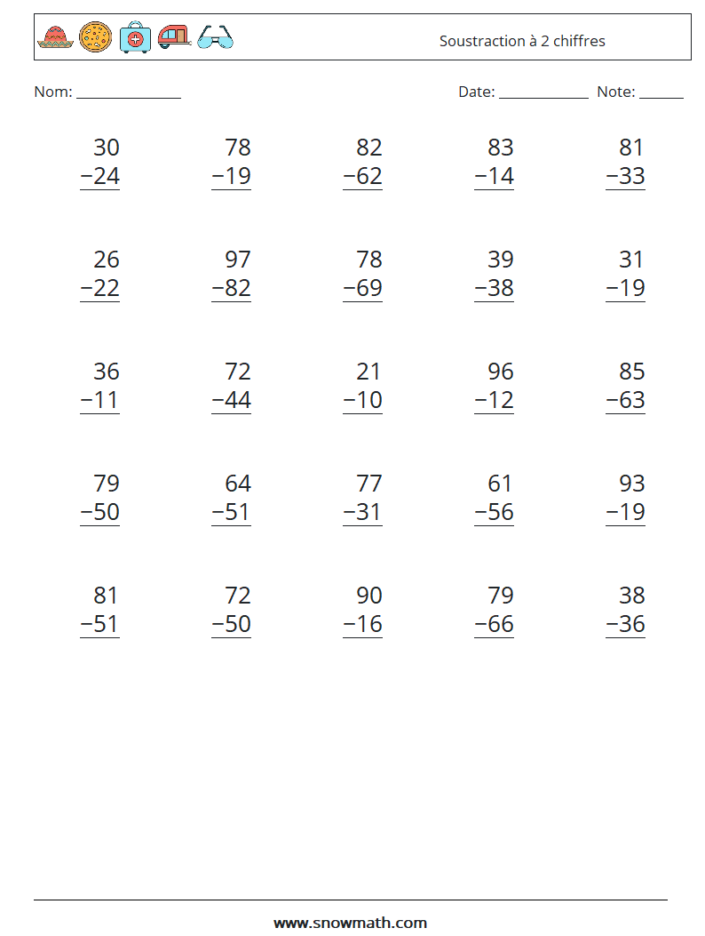 (25) Soustraction à 2 chiffres Fiches d'Exercices de Mathématiques 16