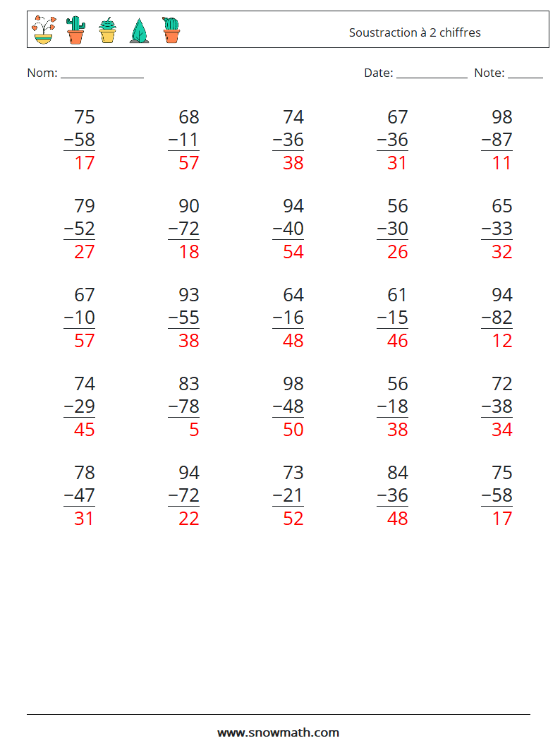 (25) Soustraction à 2 chiffres Fiches d'Exercices de Mathématiques 1 Question, Réponse