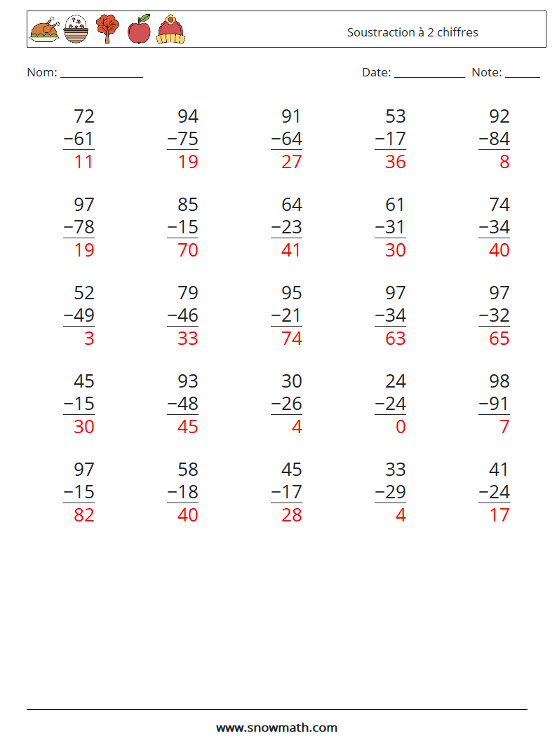 (25) Soustraction à 2 chiffres Fiches d'Exercices de Mathématiques 2 Question, Réponse