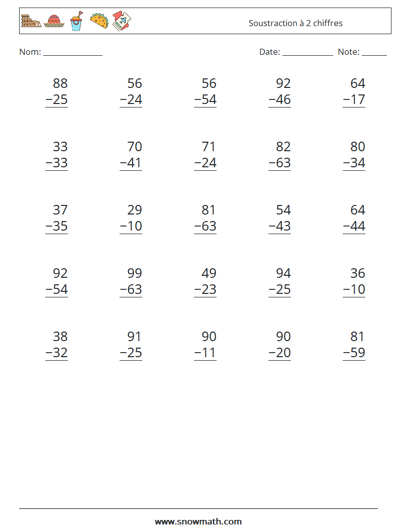 (25) Soustraction à 2 chiffres Fiches d'Exercices de Mathématiques 4