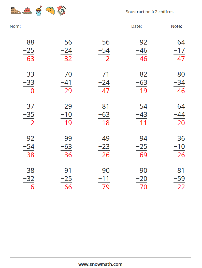 (25) Soustraction à 2 chiffres Fiches d'Exercices de Mathématiques 4 Question, Réponse