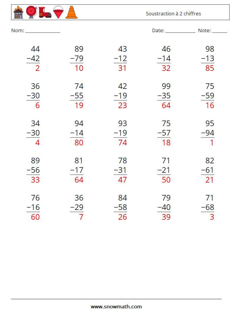 (25) Soustraction à 2 chiffres Fiches d'Exercices de Mathématiques 5 Question, Réponse