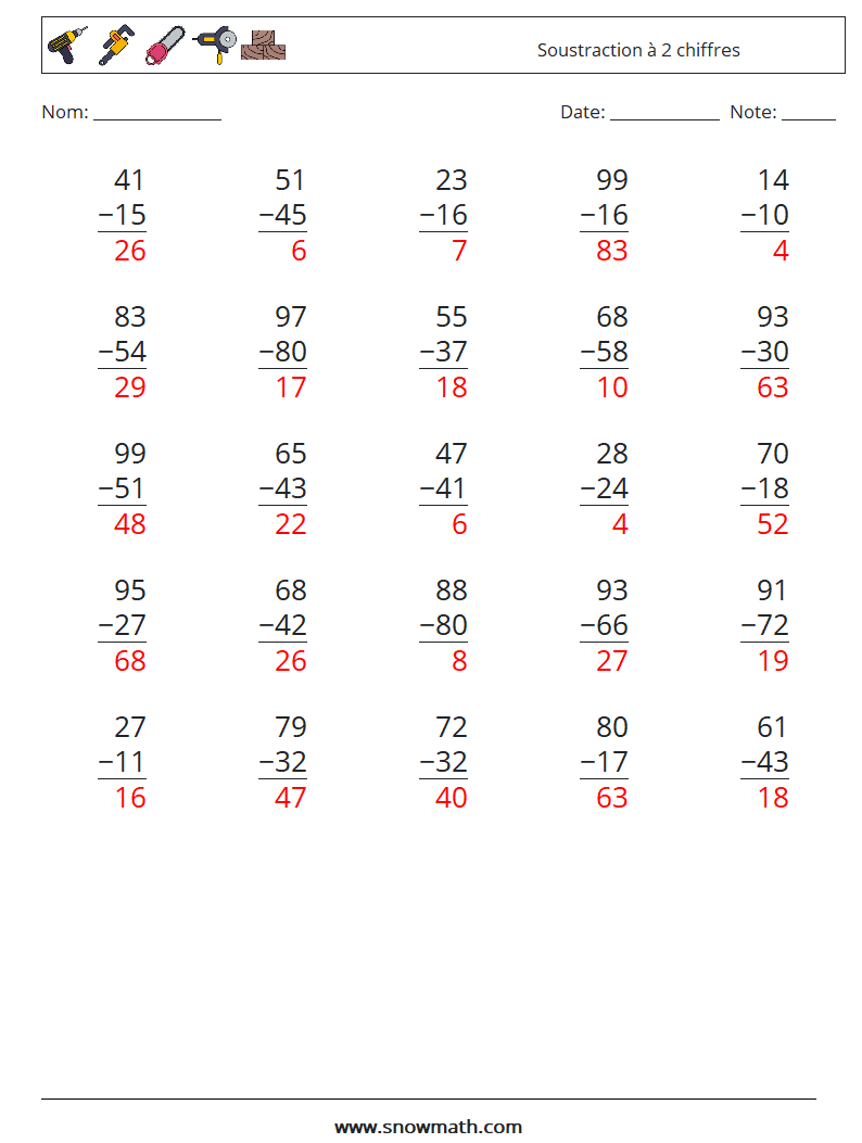 (25) Soustraction à 2 chiffres Fiches d'Exercices de Mathématiques 6 Question, Réponse