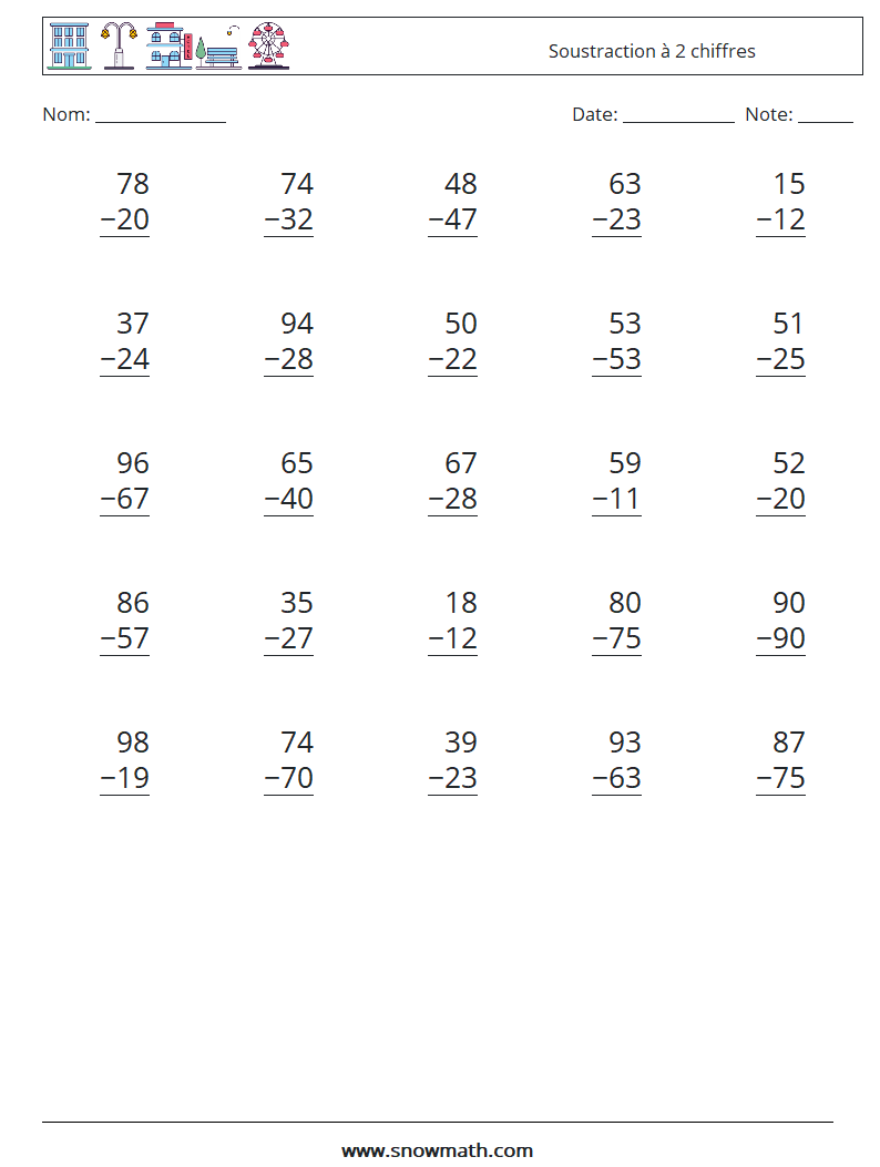 (25) Soustraction à 2 chiffres Fiches d'Exercices de Mathématiques 7