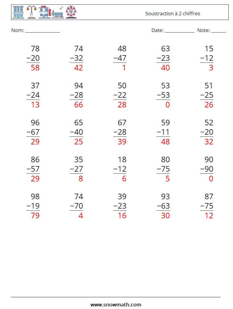 (25) Soustraction à 2 chiffres Fiches d'Exercices de Mathématiques 7 Question, Réponse