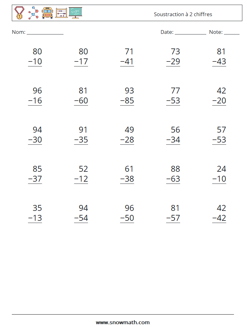 (25) Soustraction à 2 chiffres Fiches d'Exercices de Mathématiques 8