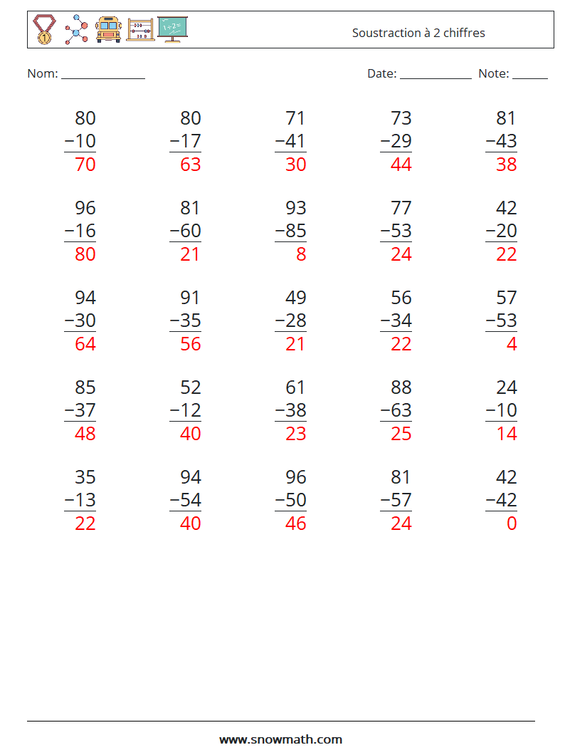 (25) Soustraction à 2 chiffres Fiches d'Exercices de Mathématiques 8 Question, Réponse