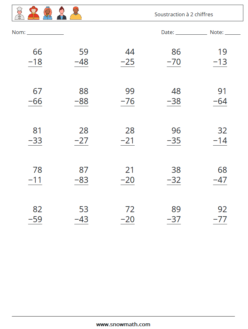 (25) Soustraction à 2 chiffres Fiches d'Exercices de Mathématiques 9