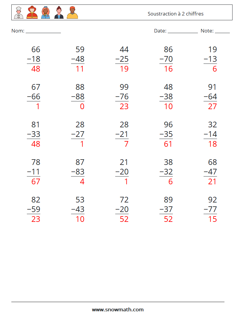 (25) Soustraction à 2 chiffres Fiches d'Exercices de Mathématiques 9 Question, Réponse