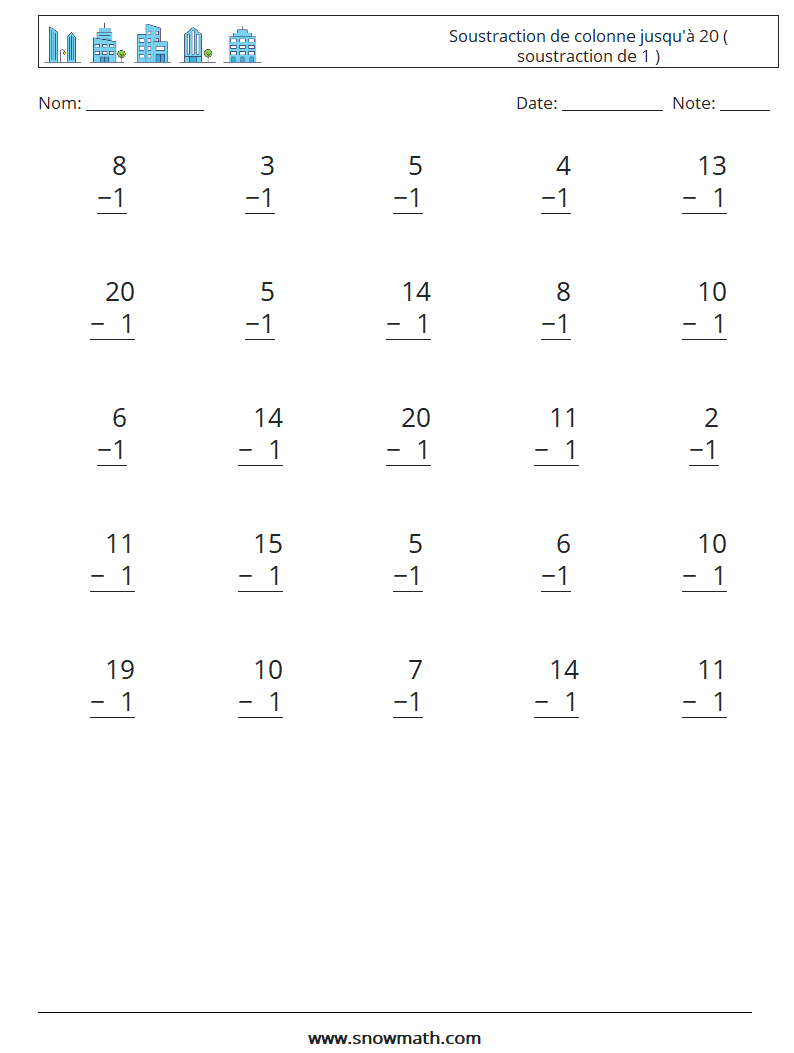 (25) Soustraction de colonne jusqu'à 20 ( soustraction de 1 ) Fiches d'Exercices de Mathématiques 1