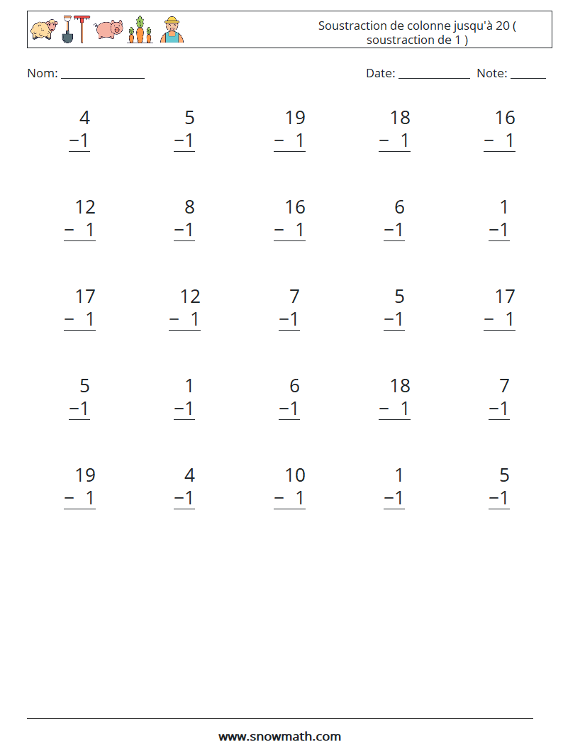 (25) Soustraction de colonne jusqu'à 20 ( soustraction de 1 ) Fiches d'Exercices de Mathématiques 10