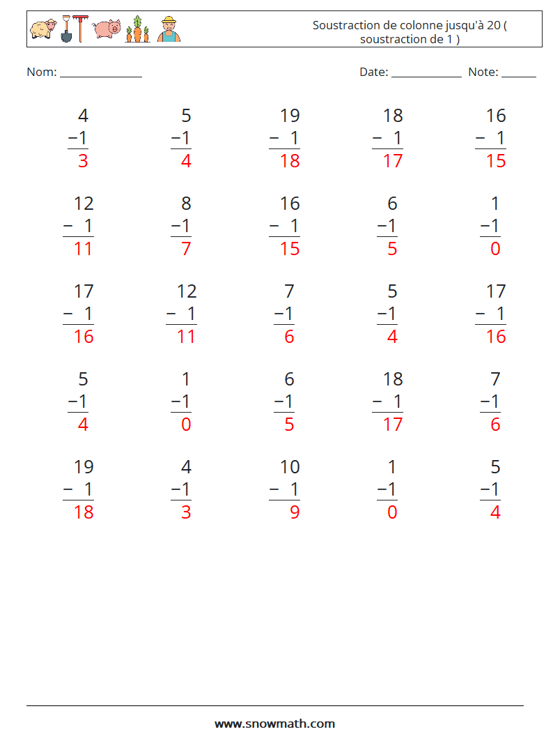 (25) Soustraction de colonne jusqu'à 20 ( soustraction de 1 ) Fiches d'Exercices de Mathématiques 10 Question, Réponse