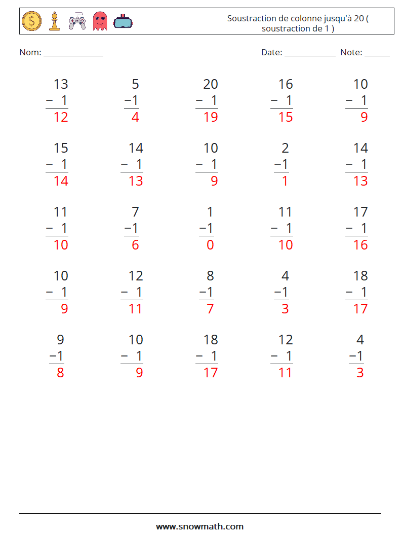 (25) Soustraction de colonne jusqu'à 20 ( soustraction de 1 ) Fiches d'Exercices de Mathématiques 11 Question, Réponse