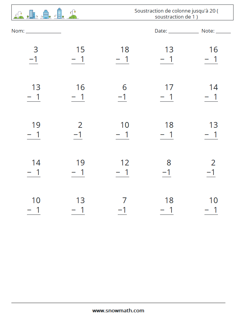 (25) Soustraction de colonne jusqu'à 20 ( soustraction de 1 ) Fiches d'Exercices de Mathématiques 14