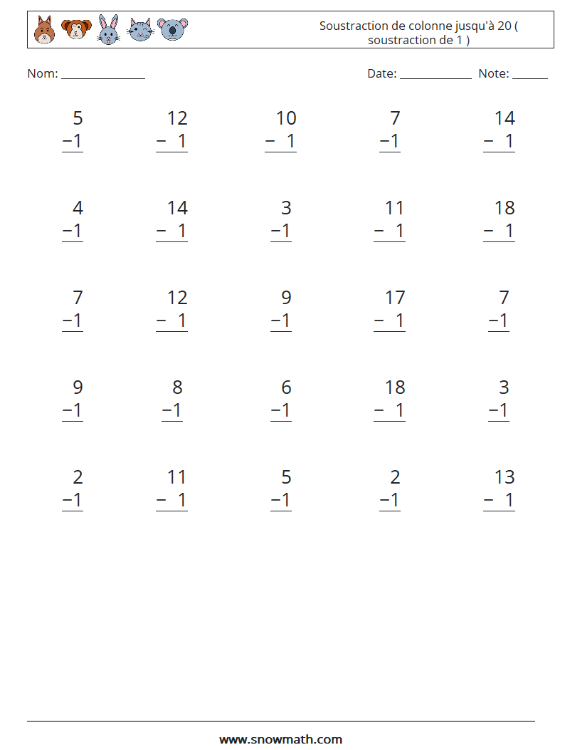 (25) Soustraction de colonne jusqu'à 20 ( soustraction de 1 ) Fiches d'Exercices de Mathématiques 15