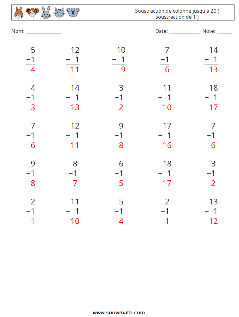 (25) Soustraction de colonne jusqu'à 20 ( soustraction de 1 ) Fiches d'Exercices de Mathématiques 15 Question, Réponse