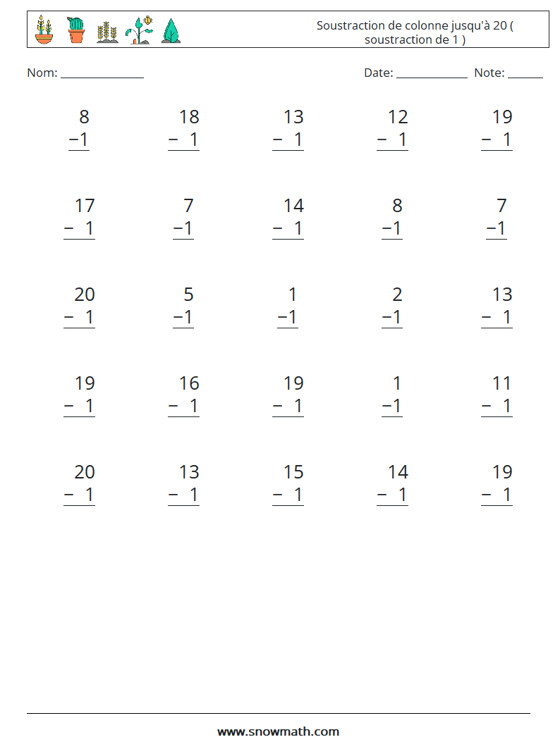 (25) Soustraction de colonne jusqu'à 20 ( soustraction de 1 ) Fiches d'Exercices de Mathématiques 16