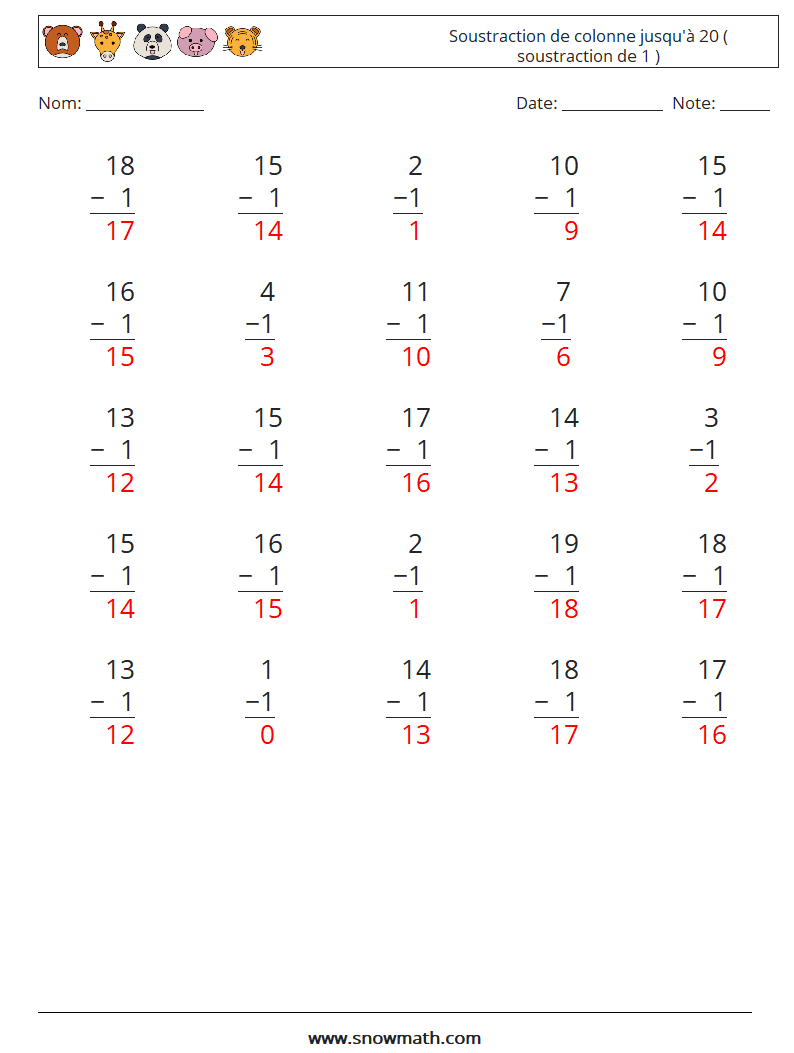 (25) Soustraction de colonne jusqu'à 20 ( soustraction de 1 ) Fiches d'Exercices de Mathématiques 17 Question, Réponse