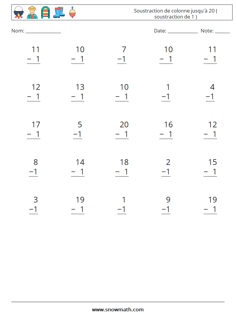 (25) Soustraction de colonne jusqu'à 20 ( soustraction de 1 ) Fiches d'Exercices de Mathématiques 18