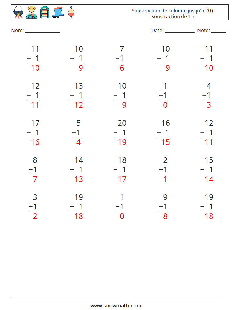 (25) Soustraction de colonne jusqu'à 20 ( soustraction de 1 ) Fiches d'Exercices de Mathématiques 18 Question, Réponse