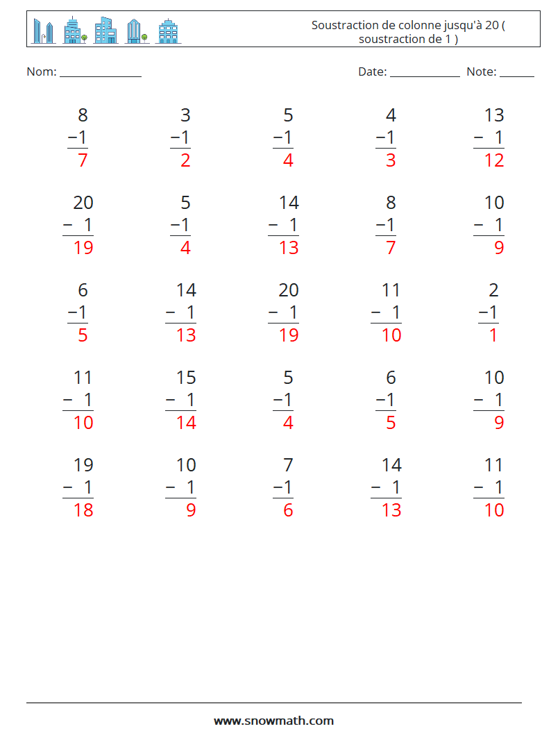 (25) Soustraction de colonne jusqu'à 20 ( soustraction de 1 ) Fiches d'Exercices de Mathématiques 1 Question, Réponse