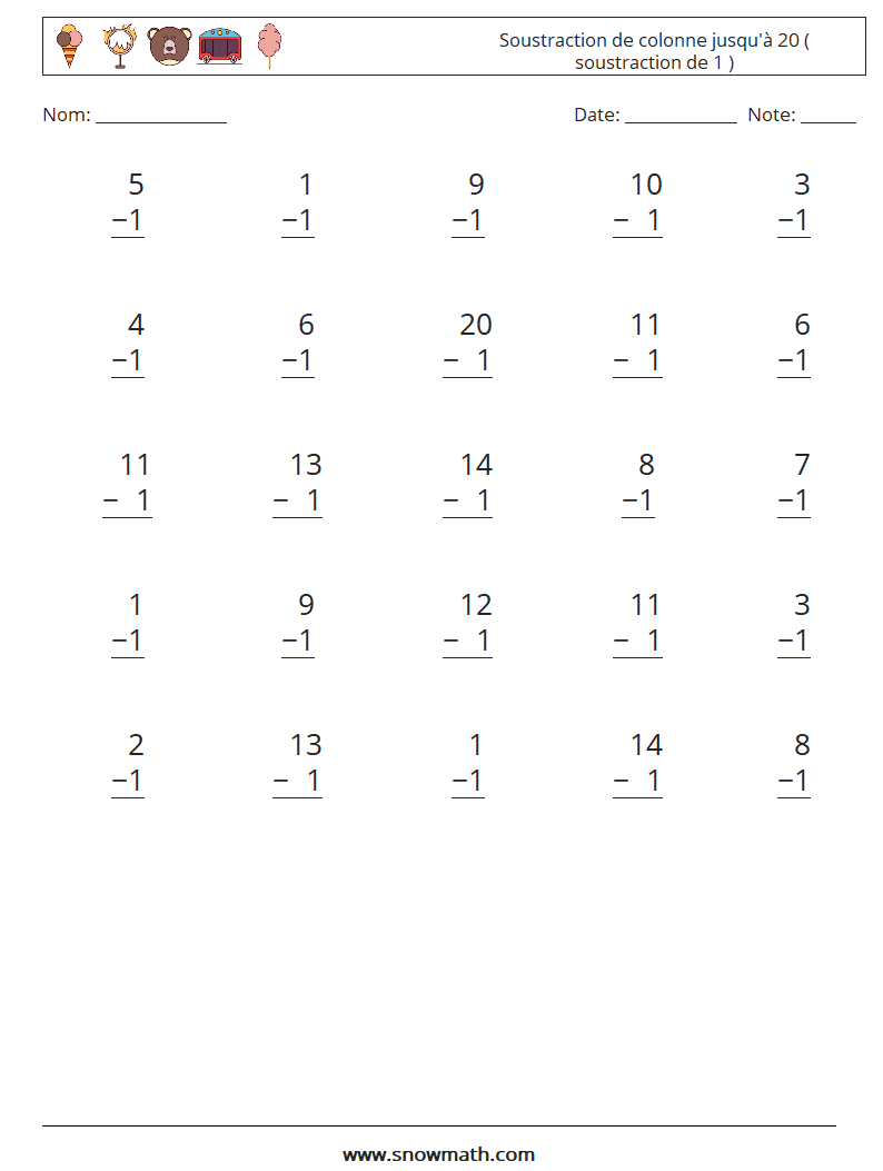 (25) Soustraction de colonne jusqu'à 20 ( soustraction de 1 ) Fiches d'Exercices de Mathématiques 2