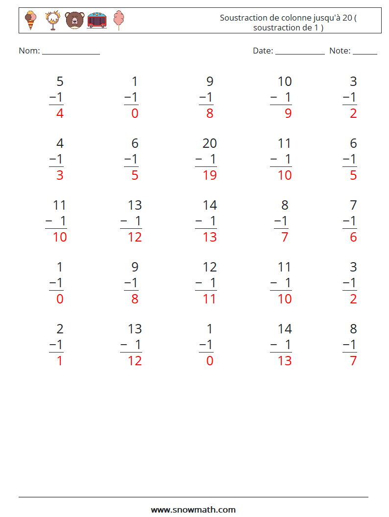 (25) Soustraction de colonne jusqu'à 20 ( soustraction de 1 ) Fiches d'Exercices de Mathématiques 2 Question, Réponse