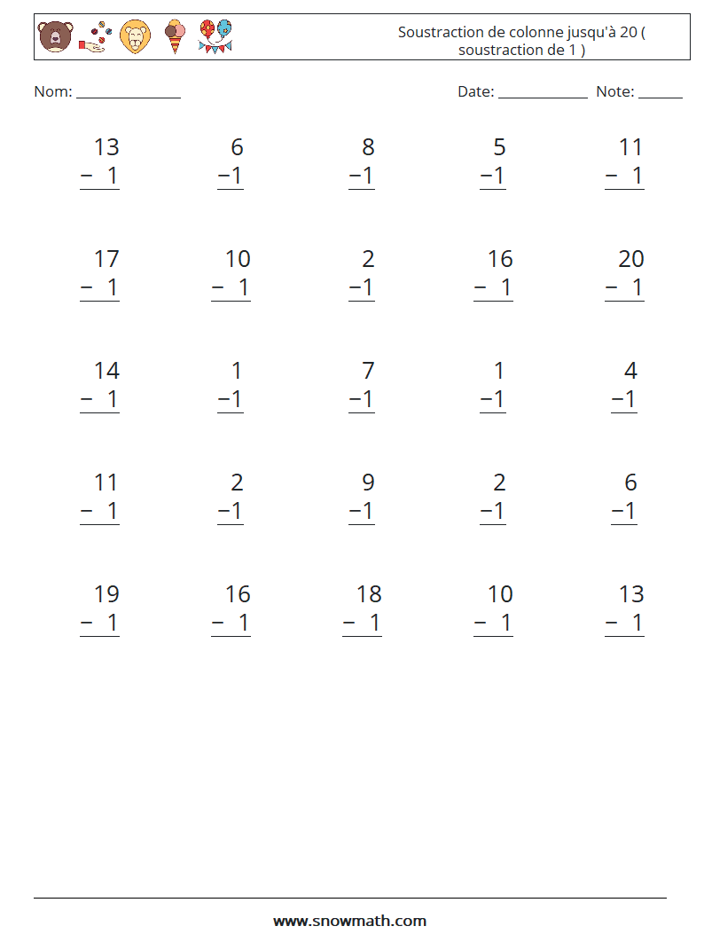 (25) Soustraction de colonne jusqu'à 20 ( soustraction de 1 ) Fiches d'Exercices de Mathématiques 3